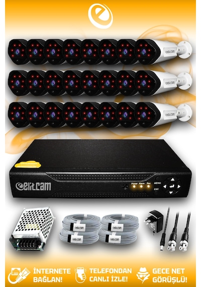 Elitcam 24 Kameralı Uzay 24 Dış Kamera Set HDD'siz Full HD Gece Görüşlü Güvenlik Kamerası Sistemi