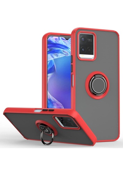 Vivo V21e Uyumlu Kılıf Yüzüklü Standlı Extra Darbe Koruma Sert Silikon Kapak - Kırmızı Kırmızı