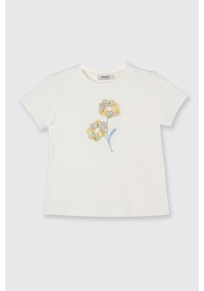 Panço Liberty Kumaş Nakış Detaylı Kız Çocuk Tişört Krem 5611GK05005