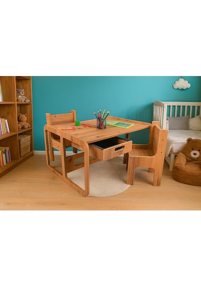 İki Kişilik Çekmeceli Ahşap Çocuk Oyun & Aktivite Masa Ve Sandalye Takımı - 18mm Ceviz Renk Mdf Çok Renkli İki Kişilik Çekmeceli Ahşap Çocuk Oyun & Aktivite Masa Ve Sandalye Takımı - 18mm Ceviz Renk Mdf Çok Renkli