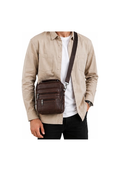 Levano Leather Hakiki Deri Erkek Çapraz Omuz Çantası Orta Boy Çok Bölmeli Fermuarlı Deri Postacı Çanta Kahverengi