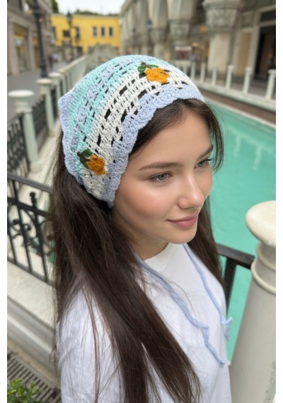 Kadın Yazlık Örgü Bandana Mavi Retro Çiçek İşlemeli Saç Aksesuarı Açık Mavi