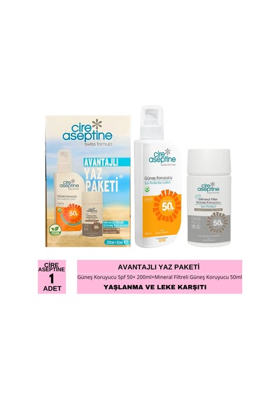 Cire Aseptine Avantajlı Yaz Paketi Güneş Koruyucu Spf 50+ 200ml İle Mineral Filtreli Güneş Koruyucu Yaşlanma Ve Leke Karşıtı Spf 50+ 50ml