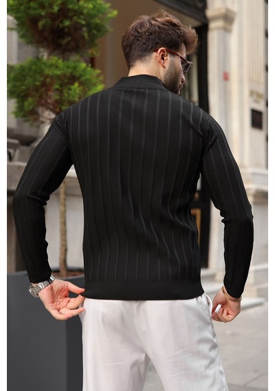 Madmext Siyah Slim Fit Hakim Yaka Fermuarlı Erkek Triko Kazak E7518