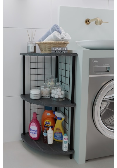 3 Raflıı Köşe Raf Banyo Ve Çamaşır Odası Çok Amaçlı Düzenleyici Metal Gövde Çevir Kur Kolay Kurulum Siyah Mermer