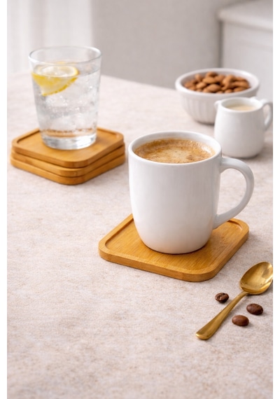 6 Lı Kare Bambu Bardak Altlığı Seti 10 Cm Kaymaz, Dayanıklı, Şık Tasarım, Sunumluk Şeffaf