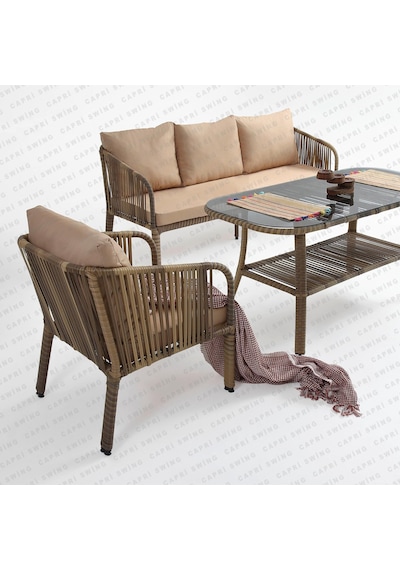 Capri Swing Artemis Üçlü Rattan Balkon Bahçe Takımı Açık Kahve