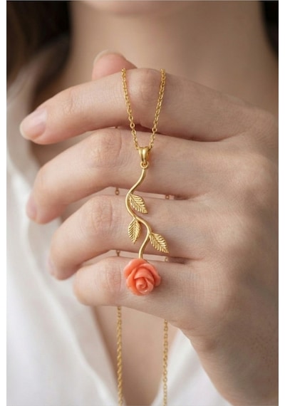 Çekirdekjewelry 925 Ayar Gümüş Pembe Güllü Ters Kolye Sarı