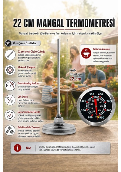 22 Cm Uzun Taşfırınlar İçin Özel Barbekü Mangal Fırın Termometresi 100-450 Derece Thr397