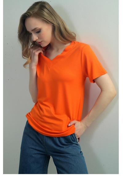 By Saygı Kadın V Yaka Yırtmaçlı Kısa Kol Bluz-40680 Oranj By Saygı Kadın V Yaka Yırtmaçlı Kısa Kol Bluz-40680 Oranj