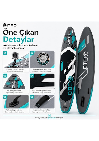 Npo Aqua Gray 350x84x15cm Şişme Military Sup Paddle Board 196kg Kürek Pompa Çanta Koltuklu Full Set