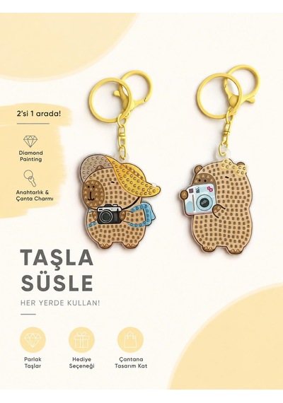 5d Elmas Taş İşlemeli Anahtarlık & Çanta Charmı 2'li Set 5x6 Cm Diamond Painting Keychain & Bag Charm Bkbt17864