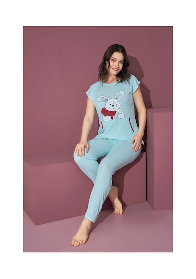 Rindahomewear Kadın Fitili Düşük Kol Cepli Pijama Takımı Mavi