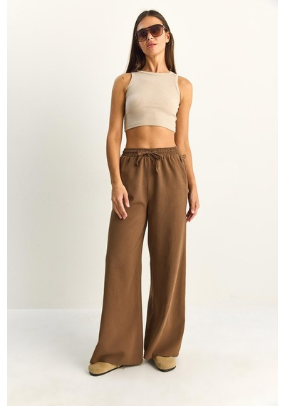 Shade Kadın Beli Lastikli Cep Detaylı Bol Keten Pantolon Yp5562 60286109 - Kahve