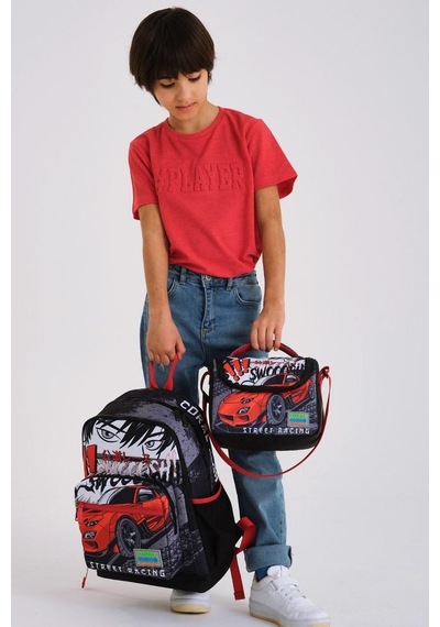 Coral High Kids Siyah Kırmızı Anime Araba Desenli 3'lü Okul Çanta Seti Goset0123747