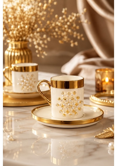 2 Li Gold Yaldızlı Porselen Kahve Fincan Takımı 100ml Beyaz