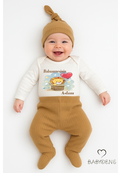Babyden's Babaannesinin Aslanı Yazılı 3 Lü Bebek Takımı Uzun Kol Çıtçıtlı Zıbın, Ribana Pantolon Ve Bere Seti Açık Kahverengi