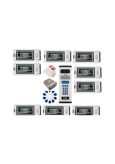 9 Daire Nts 2001-b 4,3'' Görüntülü Diafon Beyaz-8004 Tuş Takımlı Şifreli+geçişli Zil Panelli Set