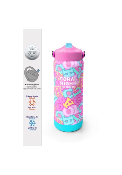 Coral High Pembe Su Yeşili Harf Desenli Katlanır Ağızlıklı Çelik Termos 650 Ml 38323 Su Yeşili