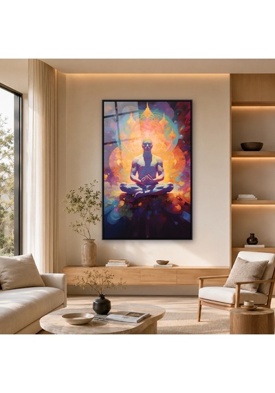 Renkli Aurada Lotus Meditasyonu Siyah Çerçeveli Cam Tablo