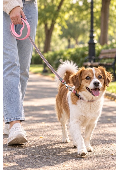 Pembe Reflektörlü Köpek Gezdirme Tasması Döner Klipsli Dayanıklı Kayış