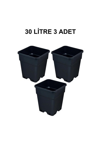 Grow Wizard Plastik Kare Saksı 30 Litre 3 Adet Siyah