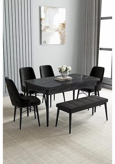 Loft Siyah Mermer 80x132 Açılabilir Mdf Masa Yemek Odası Takımı, Mutfak Takımı 4 Sandalye, 1 Bench Siyah Loft Siyah Mermer 80x132 Açılabilir Mdf Masa Yemek Odası Takımı, Mutfak Takımı 4 Sandalye, 1 Bench Siyah