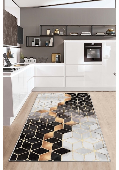 West Home Dijital Baskı Yıkanabilir Kaymaz Taban Salon Halısı Mutfak Halısı Yolluk Wh 525 Black