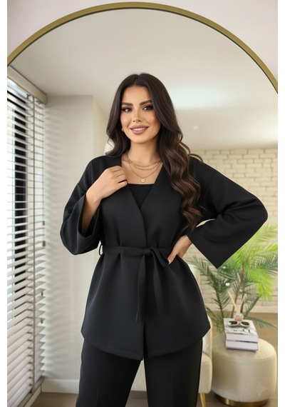 Unika Boutique Kadın Yeni Sezon Kuşaklı Scuba Ceket Kimono Tunik Oversize Trend Rahat Modern Tesettüre Uygun Siyah