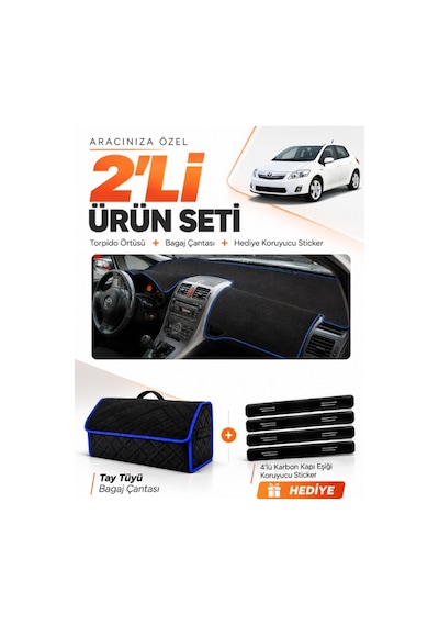 E-biz Toyota Aurıs E150 2006-2012 Uyumlu Torpido Örtüsü + Tay Tüyü Çanta - Siyah-mavi - To005
