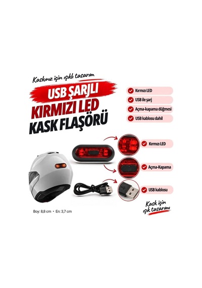 Özel Seri Kırmızı Led Kask Flaşörü - Usb Şarjlı Motor Işığı Gece Sürüş Spor Aydınlatma