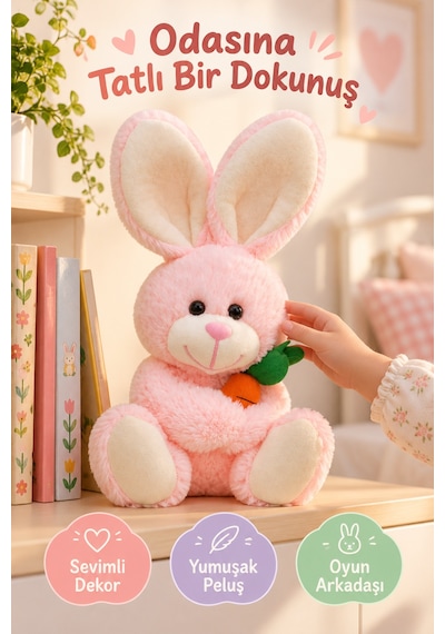 Pembe Tavşan Peluş Oyuncak 28 Cm Havuçlu Sevimli Yumuşak Oyuncak Çocuk Odası Dekoru Uyku Arkadaşı Set