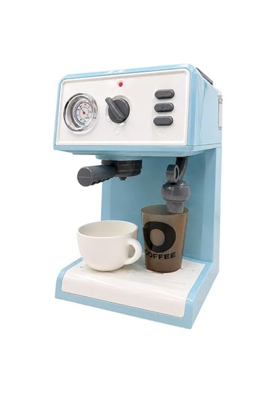 Oyuncak Buharlı Sesli Işıklı Kahve Makinesi Pilli Gerçekçi Su Akışlı Renk Değiştiren Bardaklı Mini Barista Seti Mavi Açık Gri