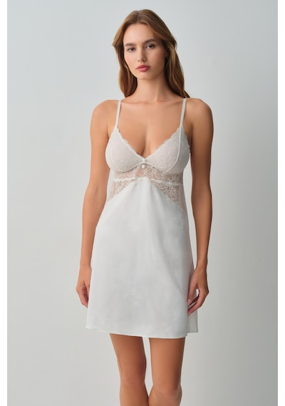 Suwen Bride Dantelli Kısa Gecelik Wsh10710075036 Ekru