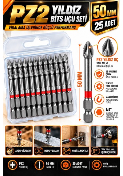 Pz2 Yıldız Bits Uç Seti 50 Mm 25 Adet S2 Çelik 1/4 İnç Altıgen Şaftlı Kutulu Tornavida Vidalama Ucu