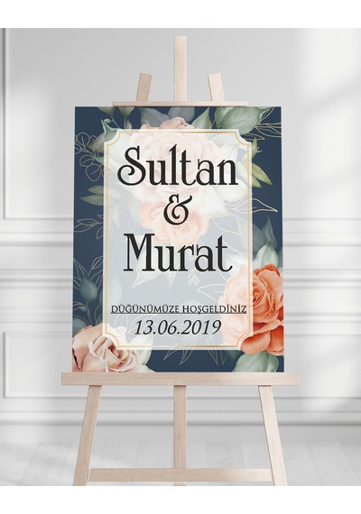 Söz Nişan Düğün İçin 50x70 Karşılama Panosu - Yeşil Pastel Çiçek Tasarımlı Beyaz