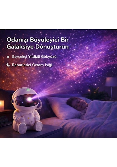 Astronot Şekilli Galaksi Projeksiyon Gece Lambalı Kumandalı Çocuk Odası Uzay Lambalı Beyaz