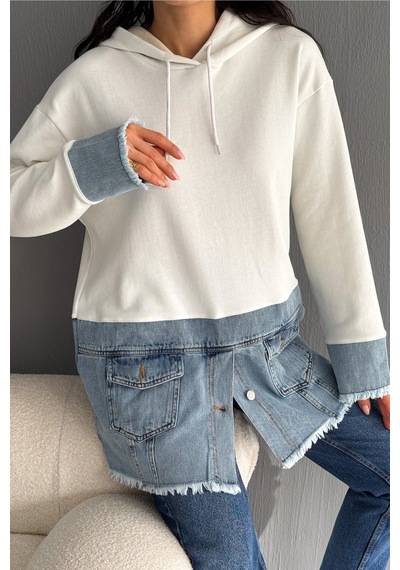 Femelle Kadın Kapüşonlu Kot Denim Detaylı Düğmeli Tasarım Sweatshirt beyaz