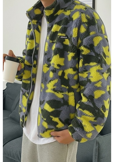 Genius Store Oversize Peluş Tam Fermuarlı Sweatshirt Peluş İçi Polarlı Sherpa Kumaş Sweatshirt Sarı