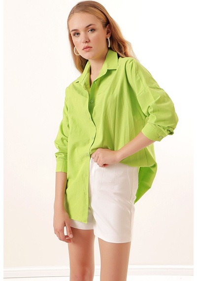 Hiccup Bdart Oversize Uzun Kollu Poplin Gömlek Limon Yeşili