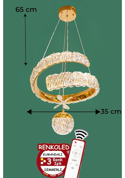 Kumandalı 3 Renk Işıklı Modern Sarkıt Led Avize Krom Kasa Salon,oda ,mutfak ,hol Gold