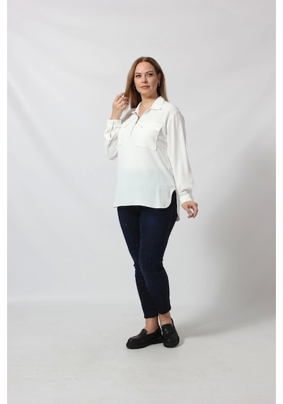 Moda Berray 3055 Yaka Fermuarlı Yandan Yırtmaçlı Gömlek Beyaz
