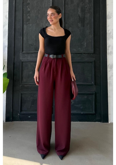 Madmext Bordo Çift Pileli Kemerli Pantolon Mg2330 Bordo