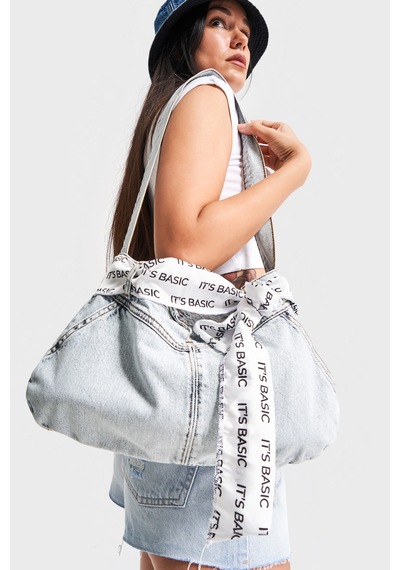it's basic Snow Renk 3w4-27 Cep Detaylı Fularlı Askılı Denim Çanta