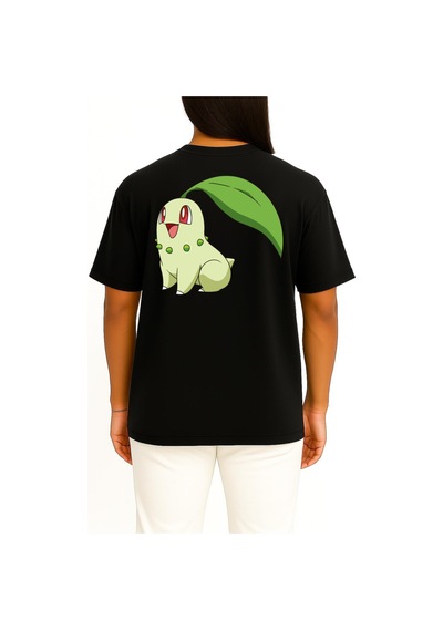 Bahriyeli Collection Oversize Chikorita Cep Ve Sırt Tasarımlı Unisex T-shirt Siyah