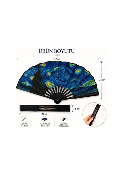 Coverzone Yıldızlı Gece Desenli Katlanabilir El Yelpazesi Japon Stil El Fanı Hafif Taşınabilir Yazlık Serinletici