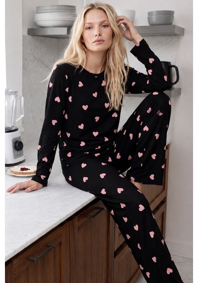 Siyah İnci Desenli Termal Kumaşlı Ultra Soft Yumuşak Örme Pijama Takımı 26226323 Siyah