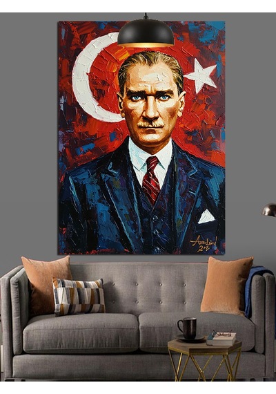 Türkiye Cumhuriyeti Bayrağı Önünde Atatürk Portresi Dekoratif Kanvas - Mdf Ahşap Tablo