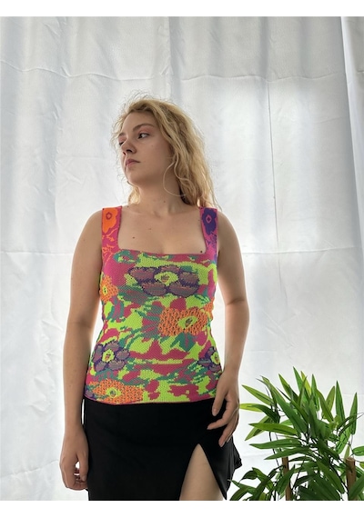 Simli Moda Çok Renkli Askılı Triko Bluz - Kadın