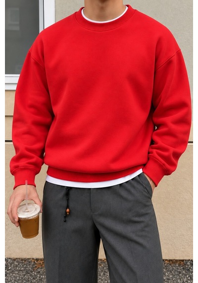 Tarz Cool Erkek 3 İplik Şardonlu Regular Fit Bisiklet Yaka Basic Sweatshirt Kırmızı